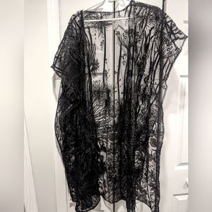 Kate Landry OS black mesh and feathers open kaftan NWT
